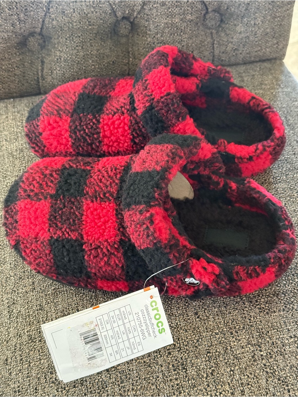 CROCS Red & Black Plaid Fuzzy Clog Slippers